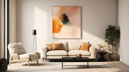 Fototapeta na wymiar Stylish Living Room Interior with Mockup Frame Poster, Modern interior design, 3D render, 3D illustration