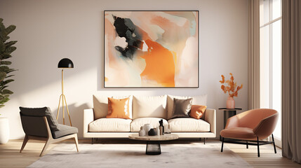 Stylish Living Room Interior with Mockup Frame Poster, Modern interior design, 3D render, 3D illustration