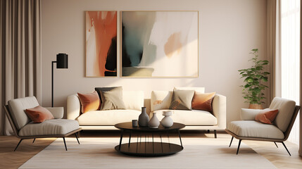 Stylish Living Room Interior with Mockup Frame Poster, Modern interior design, 3D render, 3D illustration
