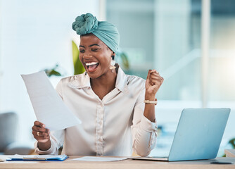 Laptop, documents and wow with a business black woman in celebration while reading her promotion contract. Success, motivation and paper with a young female employee cheering as a winner in an office