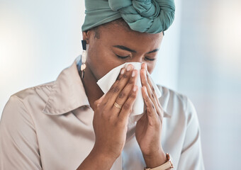 Office, blowing nose or sick black woman with tissue, flu or worker with health problems or illness...