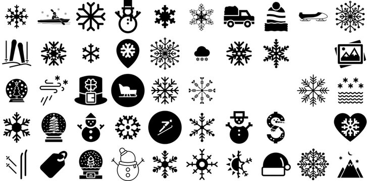 Mega Collection Of Snow Icons Bundle Hand-Drawn Solid Infographic Pictogram Snowing, Icon, Snowflake, Symbol Pictograph For Computer And Mobile