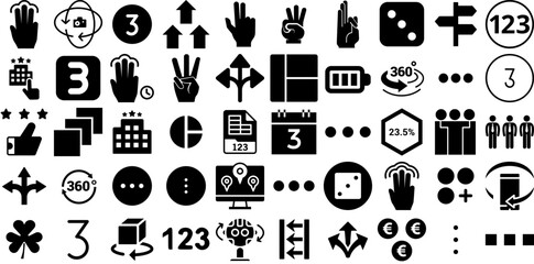 Big Set Of Three Icons Set Hand-Drawn Isolated Design Clip Art Three, Box, Accuracy, Set Logotype For Computer And Mobile