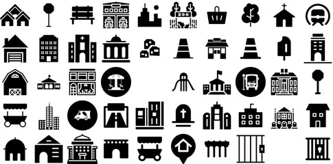 Big Collection Of Town Icons Pack Solid Modern Clip Art District, Residential, Symbol, Icon Buttons For Apps And Websites - obrazy, fototapety, plakaty