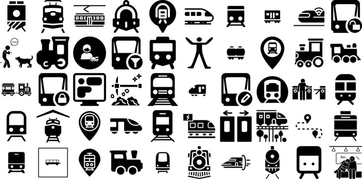Huge Collection Of Train Icons Pack Flat Design Silhouettes Symbol, Ticket, Baggage, Icon Pictogram Vector Illustration