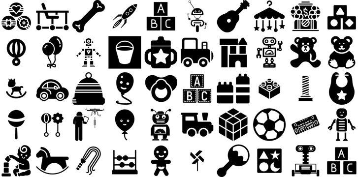 Massive Set Of Toy Icons Collection Hand-Drawn Solid Cartoon Silhouette Head, Construction, Carrier, Icon Symbols Isolated On Transparent Background