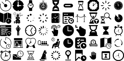 Huge Collection Of Wait Icons Pack Isolated Modern Signs Clock, Hours, Patient, Arrow Doodle Isolated On Transparent Background