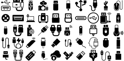 Huge Set Of Usb Icons Collection Hand-Drawn Isolated Drawing Symbols Adapter, Icon, Symbol, Set Doodle Vector Illustration