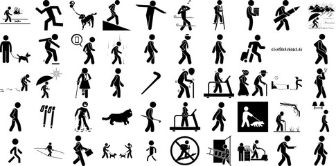 Massive Set Of Walking Icons Collection Hand-Drawn Solid Drawing Symbols Silhouette, Woman, Businessman, Man Silhouette Vector Illustration