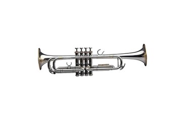 Obraz premium Golden metallic trumpet with a shiny fresh finish, isolated on a white backdrop. design for an orchestral band and related musical instruments