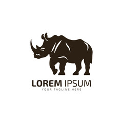 Vector illustration of a silhouette of a rhino standing on silhouette design isolated dark white background. Rhinoceros side view profile.