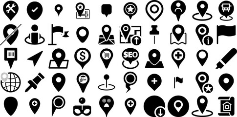 Massive Collection Of Marker Icons Collection Solid Infographic Symbol Icon, Mark, Cosmetic, Pointer Silhouettes Vector Illustration