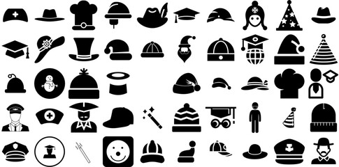 Huge Set Of Hat Icons Bundle Isolated Simple Silhouettes Birthday, Contractor, Icon, Toque Pictograms Isolated On Transparent Background