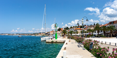 Fototapeta premium Rogoznica waterfront and marina at the Mediterranean Sea vacation panorama in Croatia