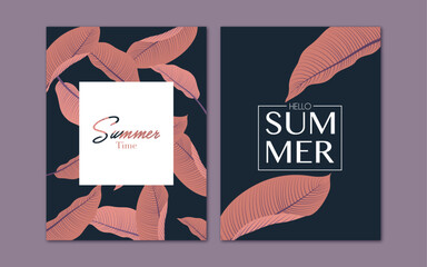 Summer banners set with leaves. The  Set is great for cards, brochures, flyers, and advertising poster templates. Vector illustration.
