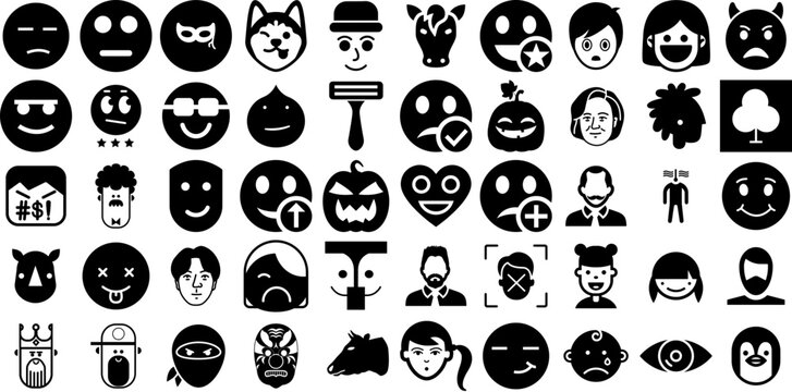 Big Set Of Face Icons Bundle Black Vector Signs Profile, Silhouette, Laundered, Farm Animal Pictograph Isolated On Transparent Background