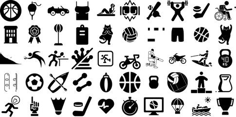 Huge Set Of Sport Icons Collection Hand-Drawn Solid Vector Silhouettes Silhouette, Health, Court, Tool Pictograms Isolated On White Background