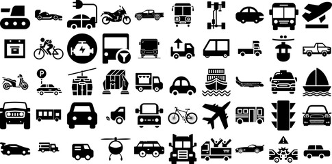 Big Set Of Transportation Icons Collection Hand-Drawn Solid Simple Symbols Bus, Global, Funicular, Set Doodles Isolated On White