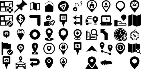 Big Set Of Location Icons Collection Hand-Drawn Solid Simple Symbol Navigator, Orientation, Pointer, Geolocation Doodle Isolated On Transparent Background