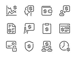 Money, Pay and Dollar vector line icons. Business and Finance outline icon set. Stock market, Price, Financial report, Online payment, Money talk, Hourly wage, Receipt, Safety and more.