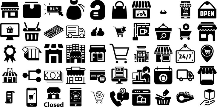 Massive Set Of Store Icons Pack Black Infographic Signs Symbol, Silhouette, Thin, Icon Elements Vector Illustration