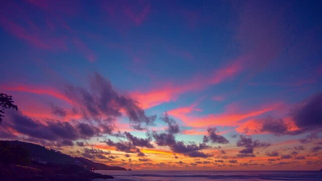 .time lapse cloud moving above the sea at colorful sky of sunset..Imagine the beautiful pink cloud on beautiful sky in sunset above the sea..Majestic sunset landscape. sky texture background.