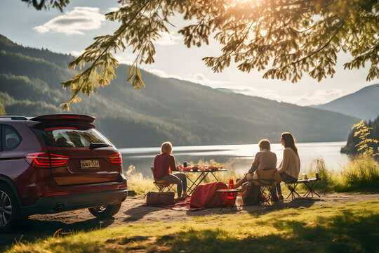 Naklejka group of friends enjoying a road trip picnic by their parked cars, surrounded by beautiful nature and the open road ai generated art