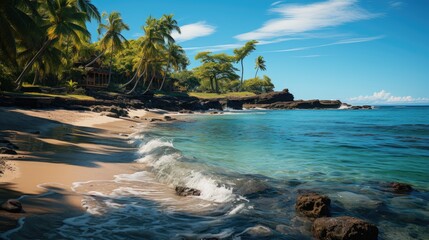 A tropical island with a sandy beach and coconut palm trees