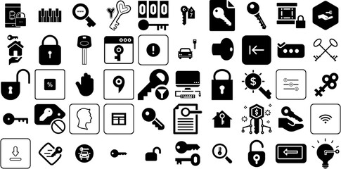 Huge Set Of Key Icons Collection Hand-Drawn Linear Modern Signs Icon, Tool, Symbol, Wheel Silhouette For Apps And Websites