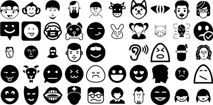 Big Set Of Face Icons Collection Flat Vector Silhouettes Silhouette, Farm Animal, Laundered, Profile Doodles Isolated On Transparent Background
