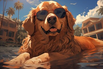 A golden retriever dog is resting on Hawaii's summer beach resort. (Illustration, Generative AI)