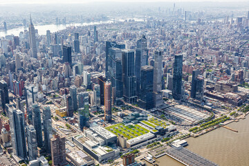 New York City skyline aerial view of Manhattan Hudson Yards neighborhood skyscraper in the United...