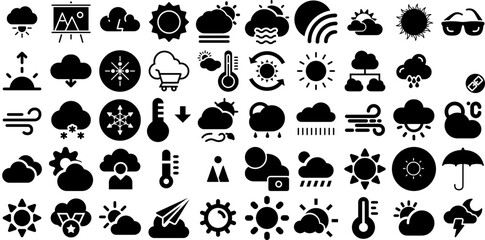 Massive Set Of Weather Icons Bundle Solid Concept Symbols Weather Forecast, Symbol, Icon, Forecast Silhouettes For Apps And Websites - obrazy, fototapety, plakaty