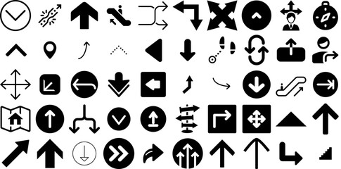 Big Set Of Direction Icons Set Hand-Drawn Linear Cartoon Silhouettes Symbol, Icon, Renewal, Way Signs For Apps And Websites