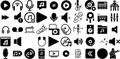 Huge Collection Of Music Icons Set Hand-Drawn Isolated Drawing Elements Entertainment, Tool, Speaker, Singer Logotype Isolated On White Background