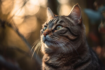 Naklejka na ściany i meble A cat watching birds outside with bokeh of the trees and sky, cat, bokeh Generative AI
