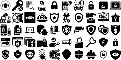 Mega Set Of Security Icons Collection Flat Infographic Web Icon Person, Mark, Tool, Set Buttons Isolated On White