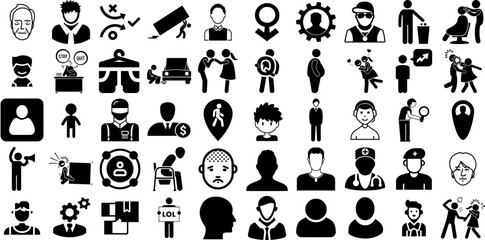 Massive Collection Of Man Icons Pack Solid Drawing Pictograms Profile, Workwear, Carrying, Silhouette Element For Computer And Mobile