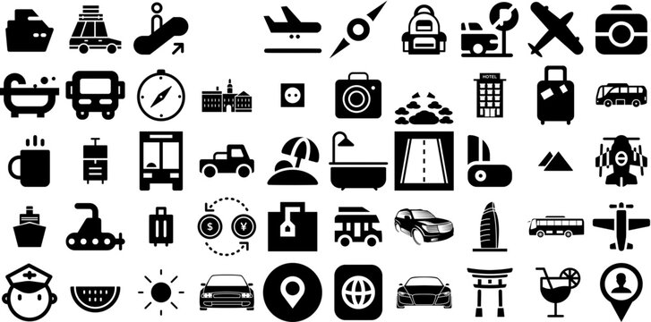 Big Collection Of Travel Icons Collection Hand-Drawn Isolated Drawing Signs Pointer, Photo Camera, Silhouette, Yacht Buttons Isolated On Transparent Background