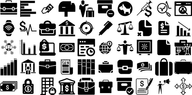 Huge Set Of Business Icons Bundle Black Modern Clip Art Pictogram, Modern, Court, Infographic Pictograph Isolated On White