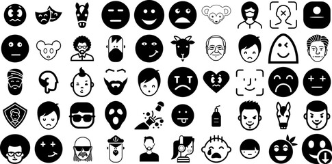 Massive Set Of Face Icons Collection Isolated Design Elements Profile, Farm Animal, Laundered, Silhouette Silhouette Isolated On White