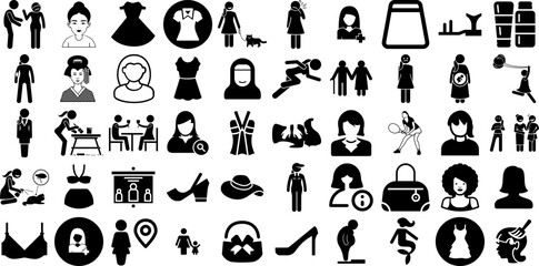 Mega Collection Of Woman Icons Set Hand-Drawn Linear Vector Silhouettes Silhouette, Workwear, People, Figure Element Vector Illustration