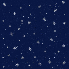 Seamless pattern with snow and silver snowflakes. Christmas and New Year blue background.