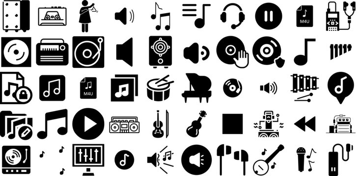 Big Set Of Music Icons Collection Isolated Design Pictograms Entertainment, Speaker, Singer, Tool Symbol For Computer And Mobile