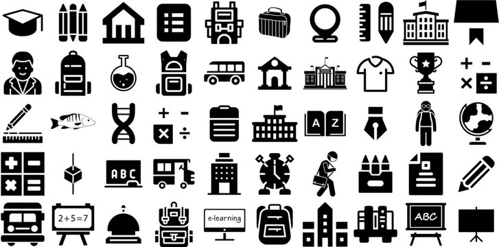 Big Set Of School Icons Bundle Black Modern Clip Art Apple, Course, Draw, Set Doodles Isolated On Transparent Background