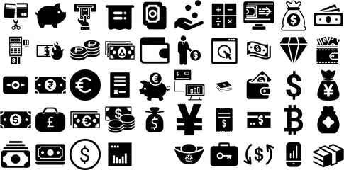 Big Collection Of Cash Icons Bundle Flat Simple Silhouettes Finance, Icon, Coin, Way Logotype For Apps And Websites