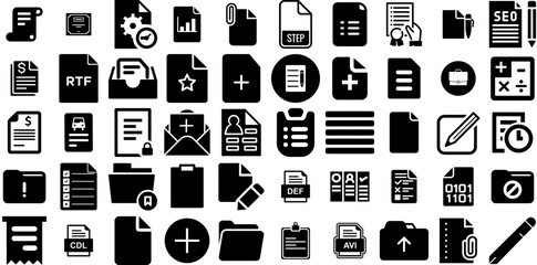 Mega Collection Of Document Icons Bundle Solid Design Symbols Eliminate, Mark, Finance, Printing Pictograms For Computer And Mobile