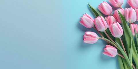 Bouquet of pink tulips on a blue background. Place for text. By Generative AI.