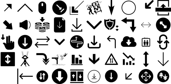 Massive Set Of Down Icons Collection Hand-Drawn Linear Drawing Web Icon Circle, Icon, Symbol, Go Graphic Vector Illustration