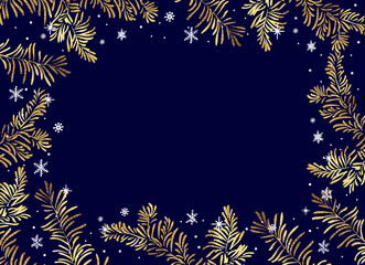 Vector horizontal frame of Christmas Background with branches of golden christmas tree and snowflackes. - 620989953
